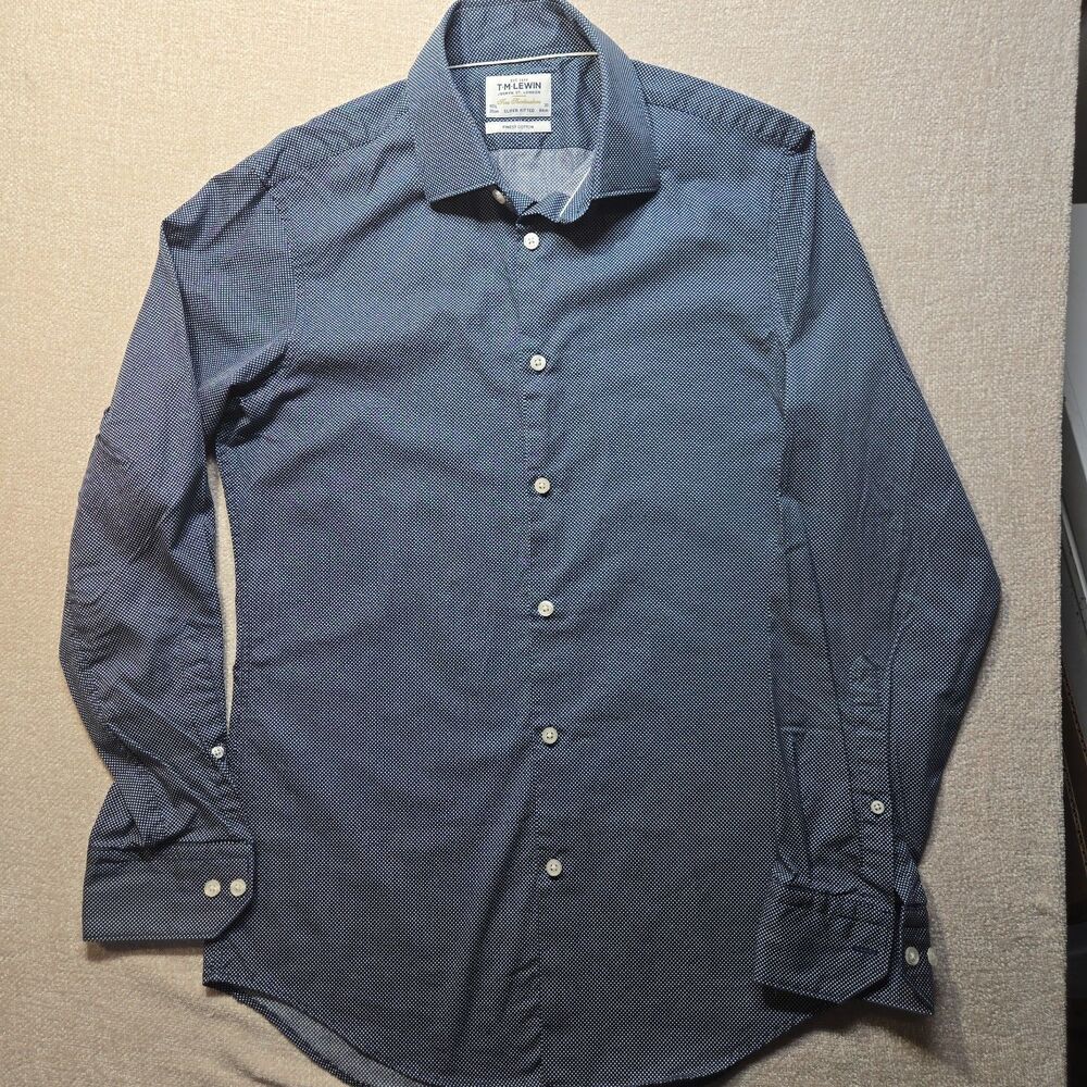 T M Lewin Super Fitted Dress Shirt Mens 15.5 33 Slim Fit Blue Polka Dot  Preppy